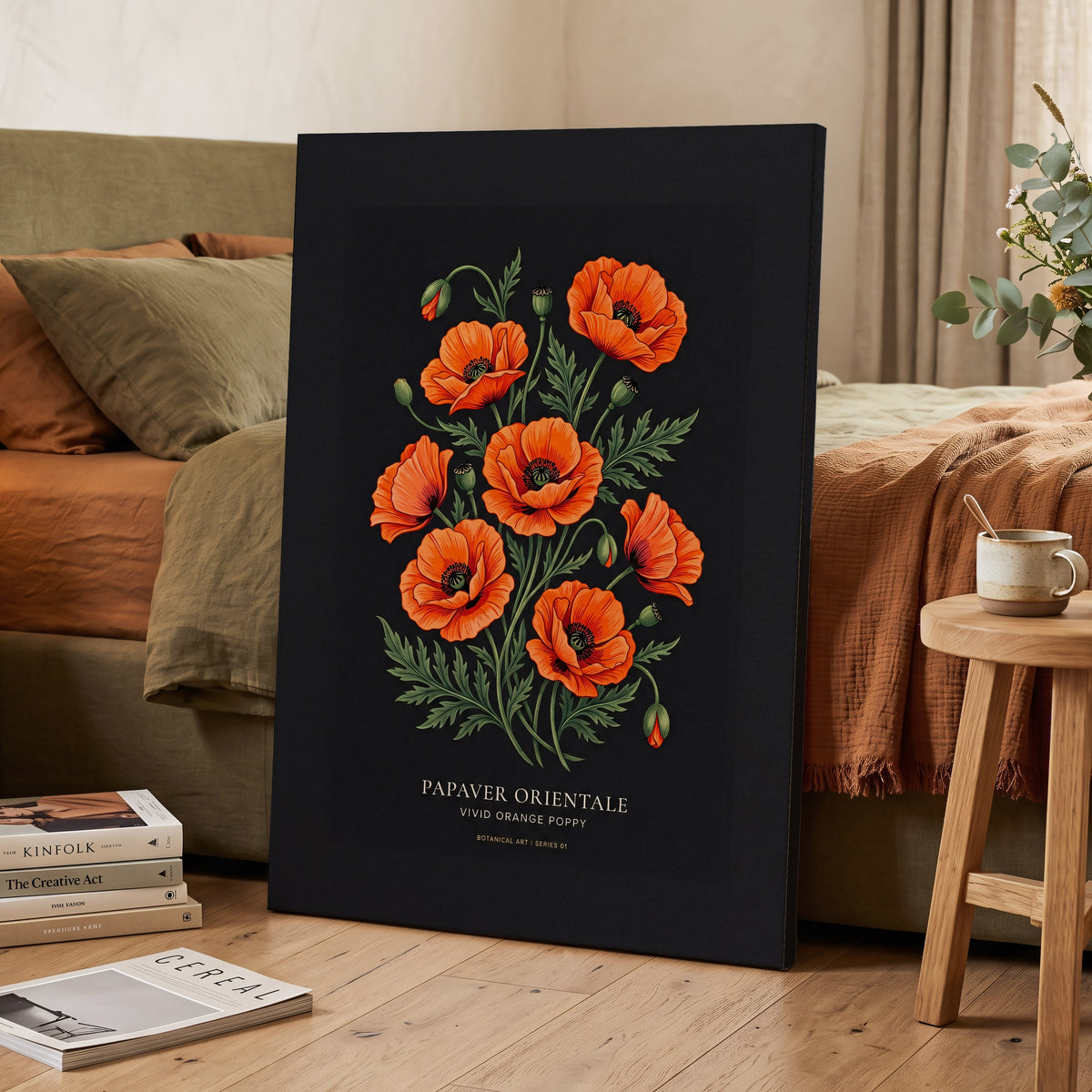 Poppies After Dark, black, green, orange floral wall art on canvas displayed in a styled interior, gallery view 2