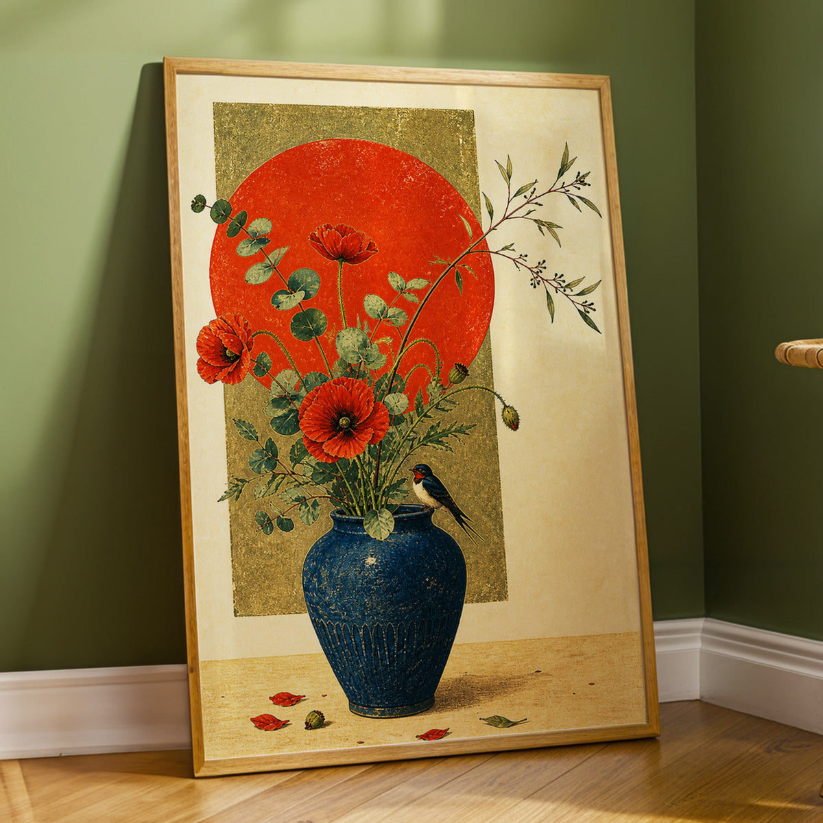 Poppies in Indigo, red, orange, green floral wall art displayed in a styled interior, gallery view 9