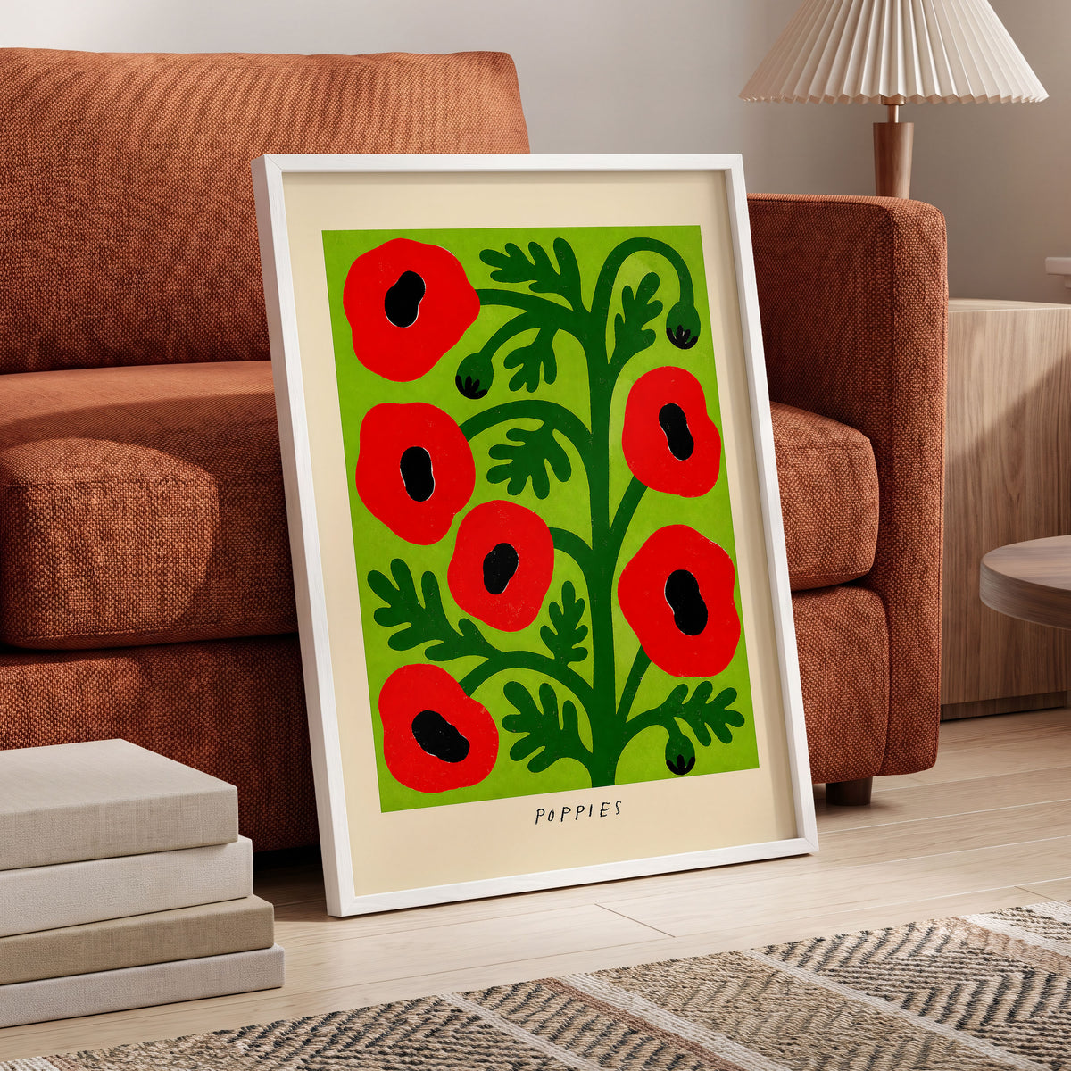 Poppies on Lime, red, green, black floral wall art displayed in a styled interior, gallery view 9