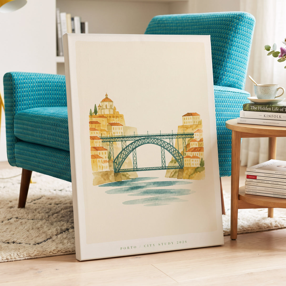 Porto Across the Douro, beige, orange, blue minimalist wall art on canvas displayed in a styled interior, gallery view 2