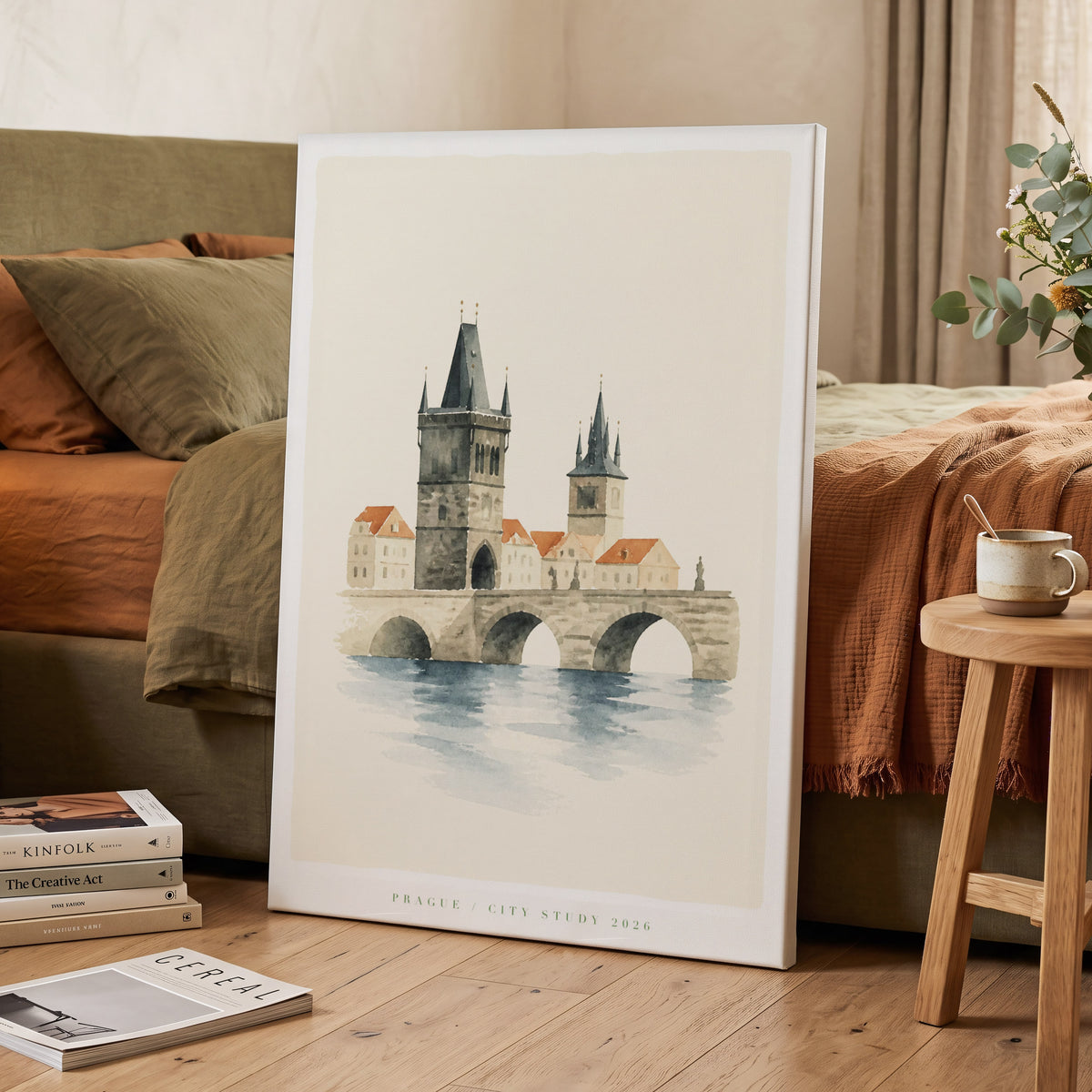 Prague in Quiet Light, beige, gray, blue minimalist wall art on canvas displayed in a styled interior, gallery view 2