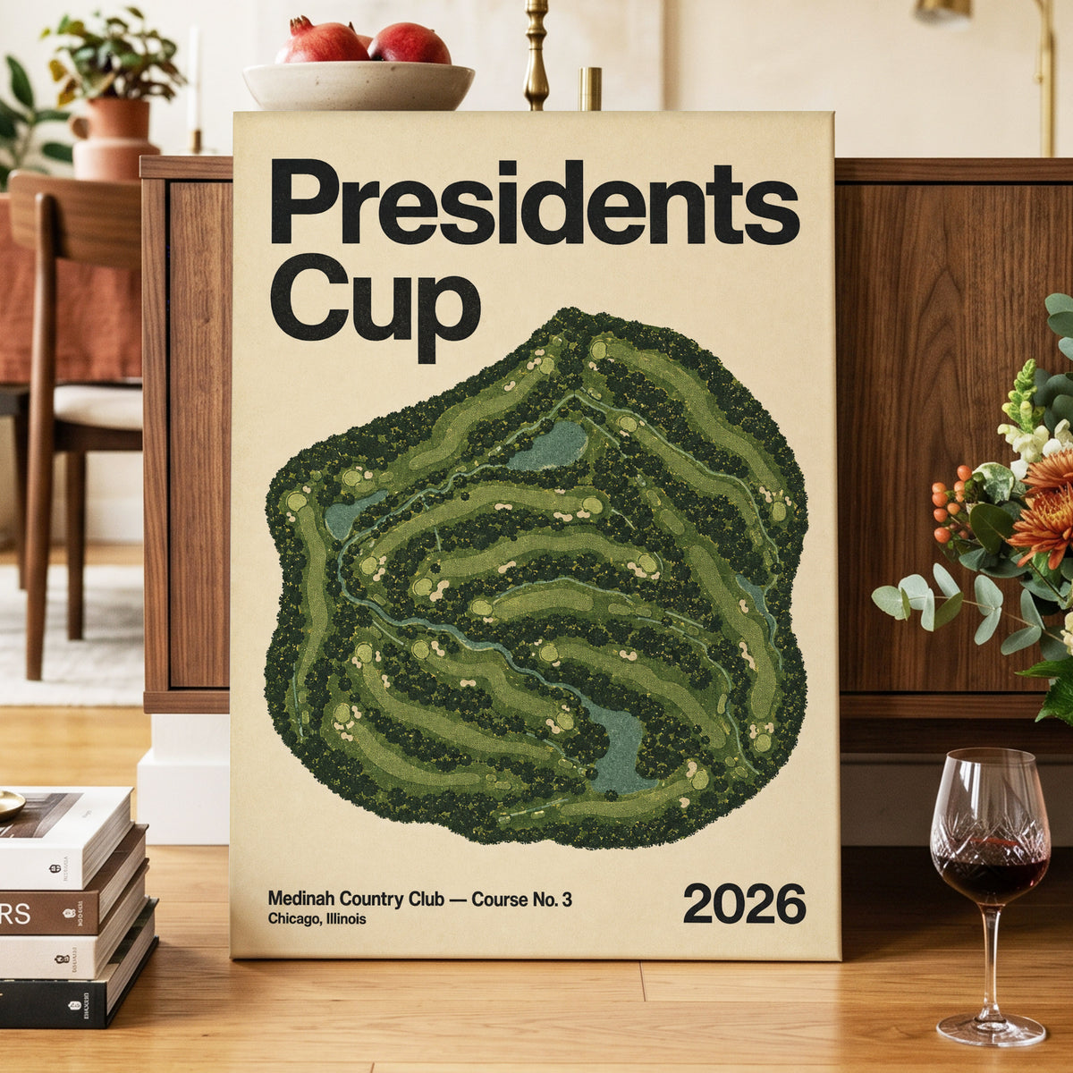 Presidents Cup Greens, green, beige, black nature wall art on canvas displayed in a styled interior, gallery view 2