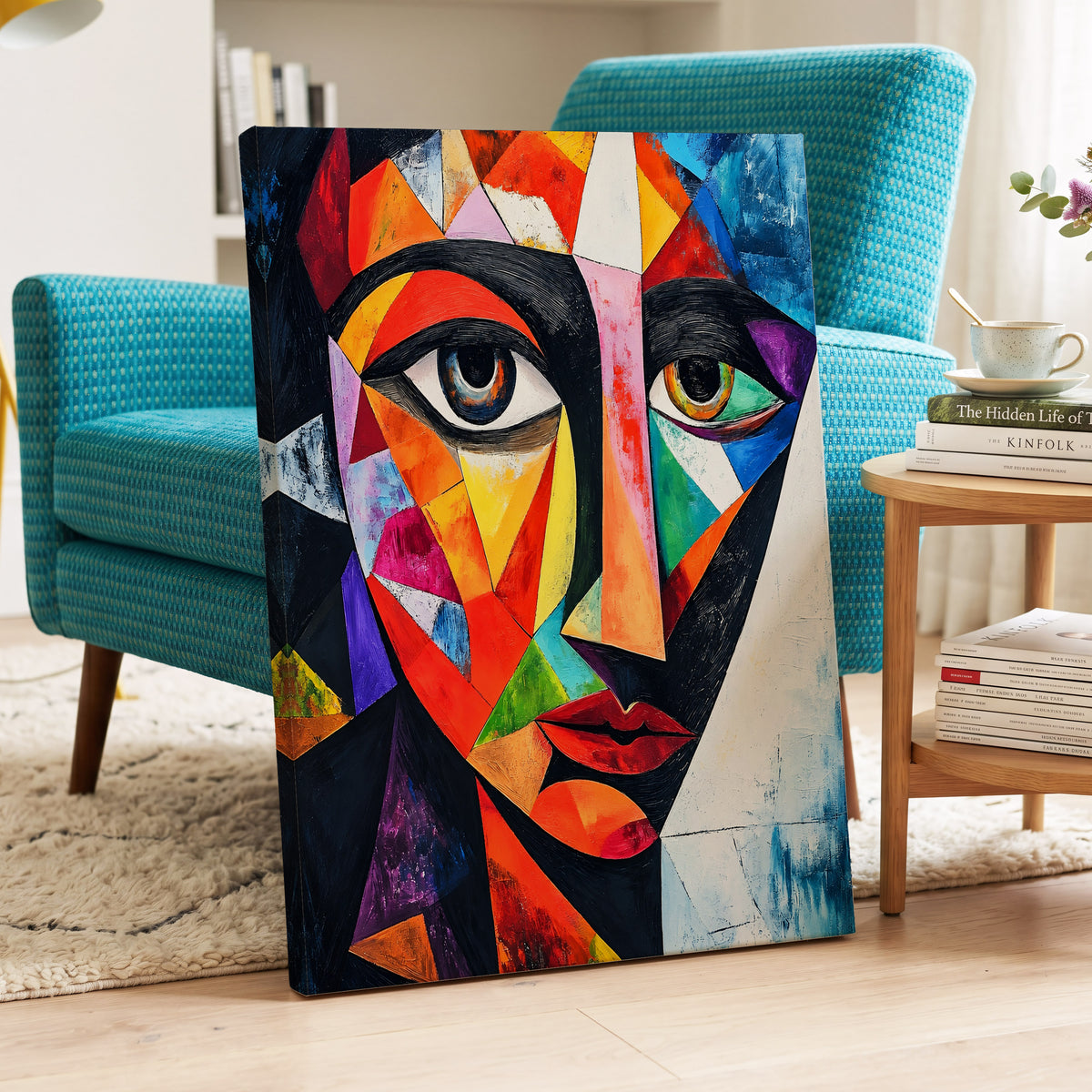 Prismatic Gaze, multicolor, black, blue abstract wall art on canvas displayed in a styled interior, gallery view 2