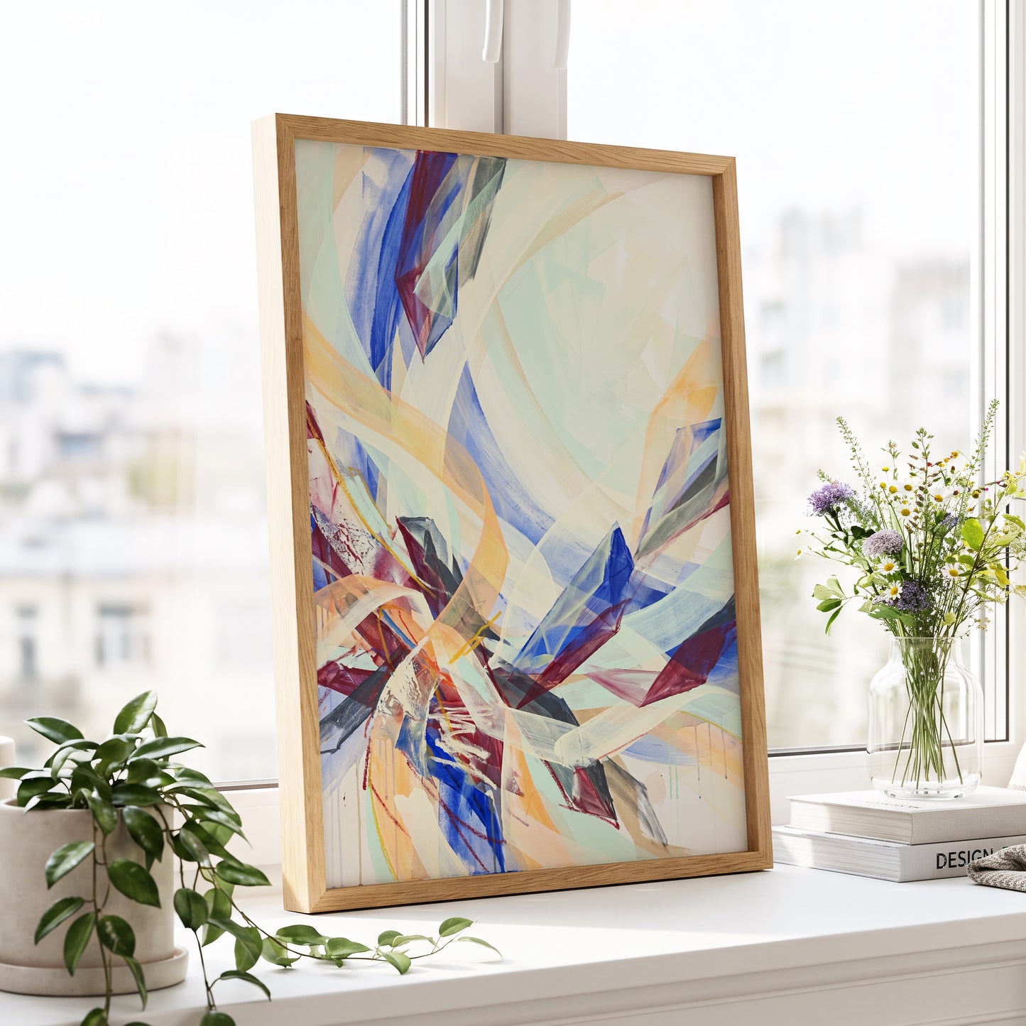 Prismatic Updraft, blue, green, beige abstract wall art displayed in a styled interior, gallery view 9