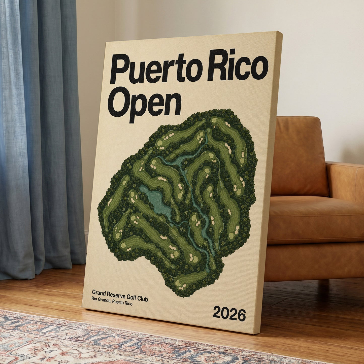 Puerto Rico Fairways, green, beige, black nature wall art on canvas displayed in a styled interior, gallery view 2