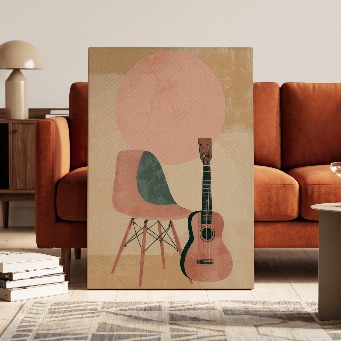 Quiet Chords, black, green, beige minimalist wall art on canvas displayed in a styled interior, gallery view 2
