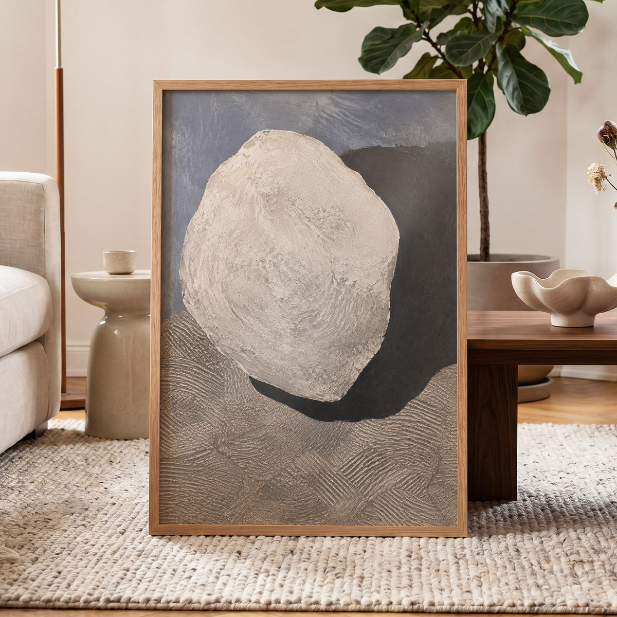 Quiet Contours, beige, gray, black abstract wall art displayed in a styled interior, gallery view 9