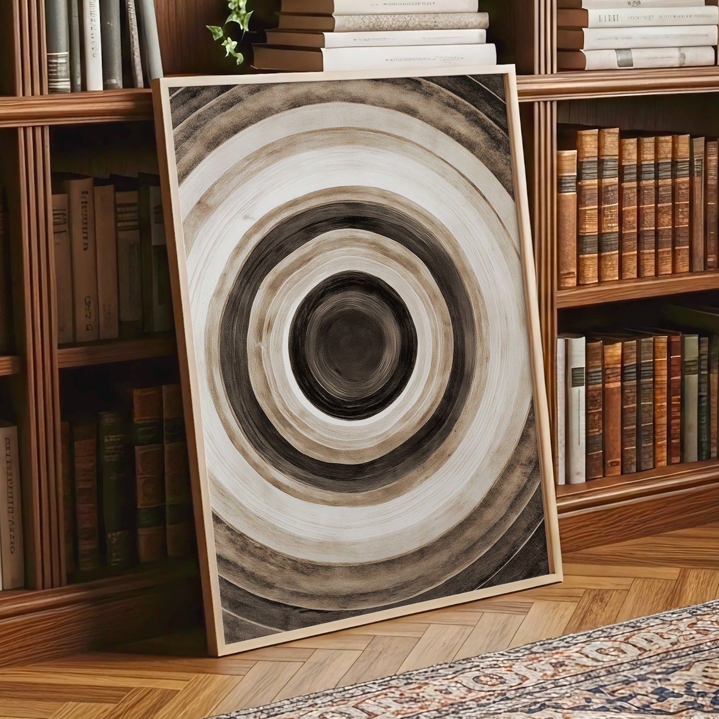 Quiet Orbit, black, brown, beige abstract wall art displayed in a styled interior, gallery view 9
