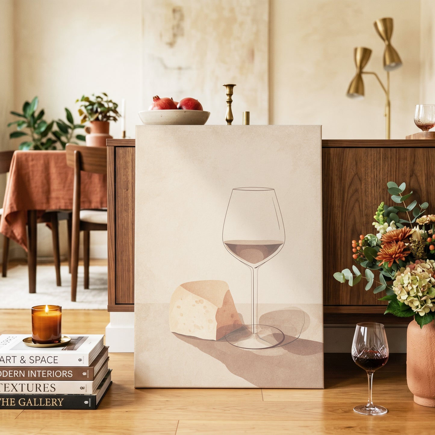 Quiet Vintage Pour, beige, brown, orange minimalist wall art on canvas displayed in a styled interior, gallery view 2