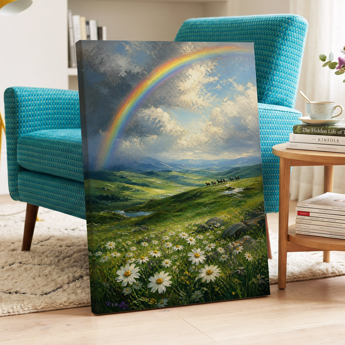 Rainbow Over Wildflower Vale, green, blue, white nature wall art on canvas displayed in a styled interior, gallery view 2
