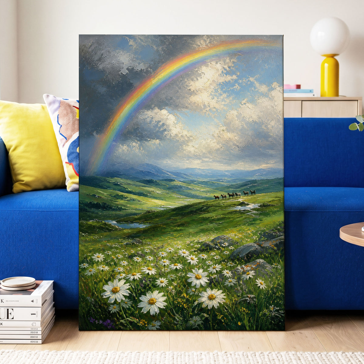 Rainbow Over Wildflower Vale, blue, green, white nature wall art on canvas displayed in a styled interior, gallery view 2