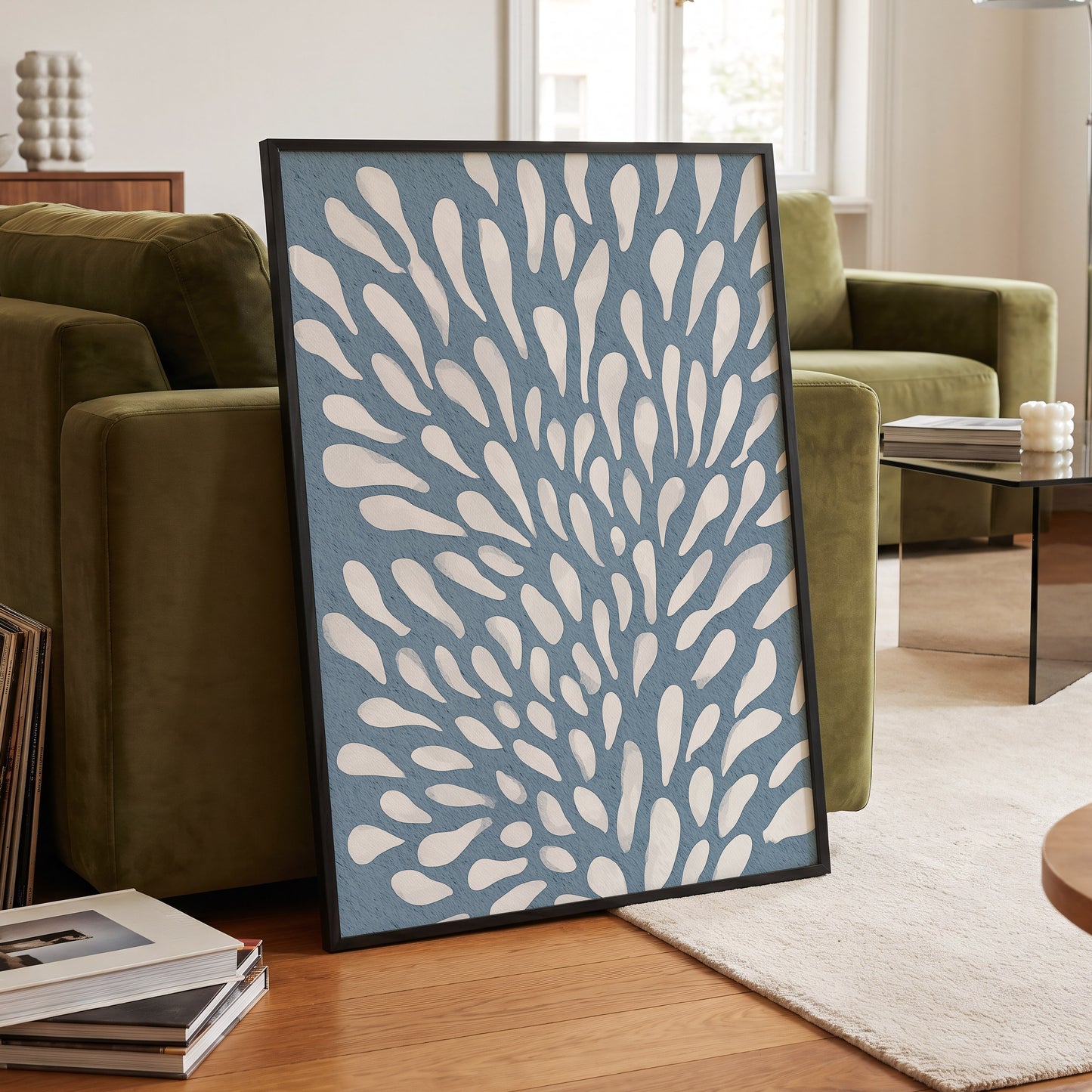 Rainfall Reverie, blue, white, gray abstract wall art displayed in a styled interior, gallery view 9