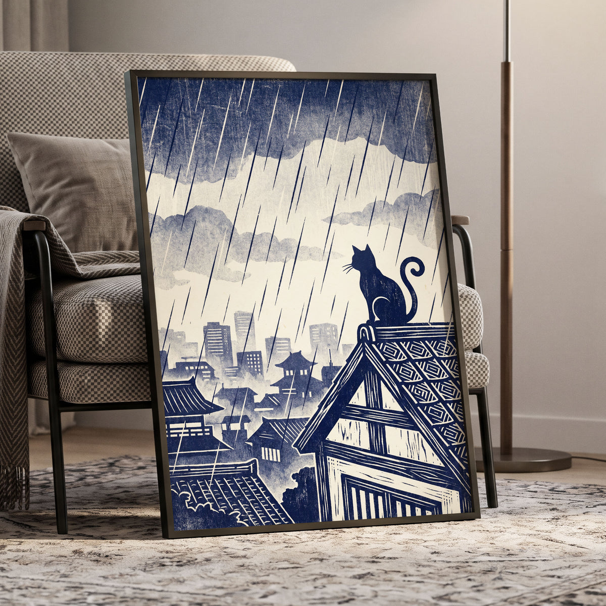 Rainwatch Rooftops, blue, beige, gray minimalist wall art displayed in a styled interior, gallery view 9
