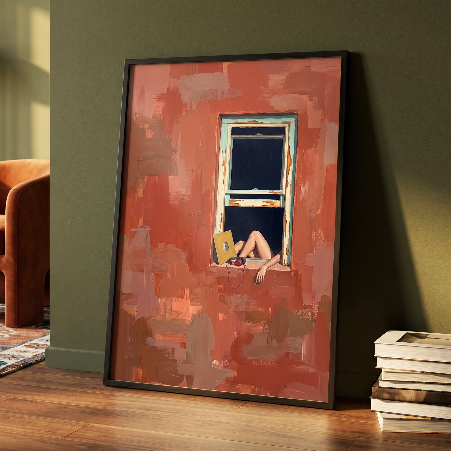 Records by the Window, orange, brown, blue abstract wall art displayed in a styled interior, gallery view 9