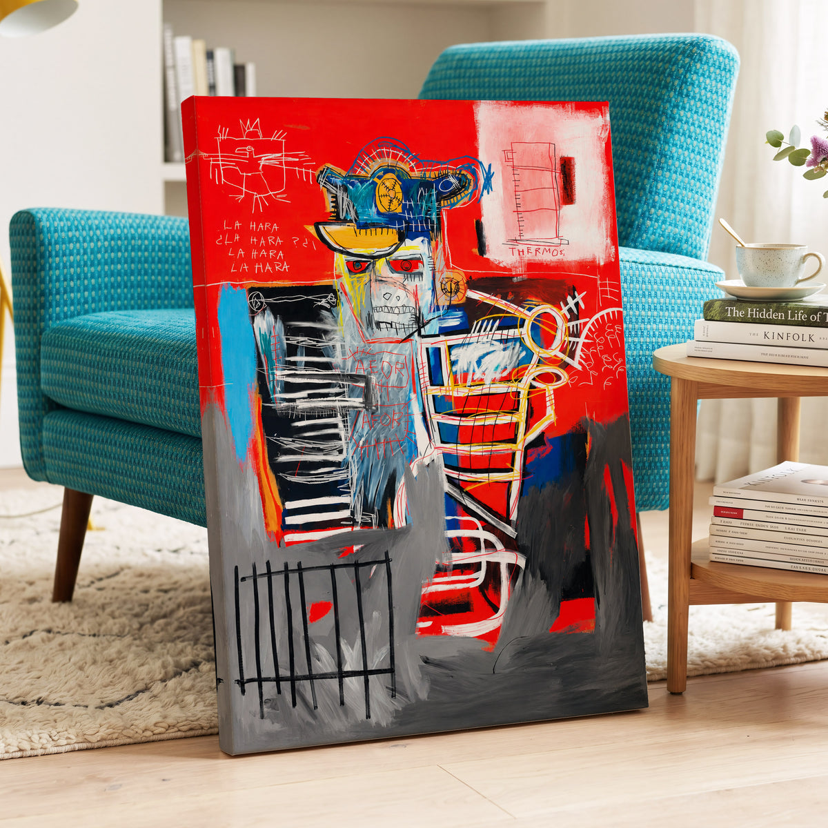 Red Crown Figure, red, gray, black abstract wall art on canvas displayed in a styled interior, gallery view 2