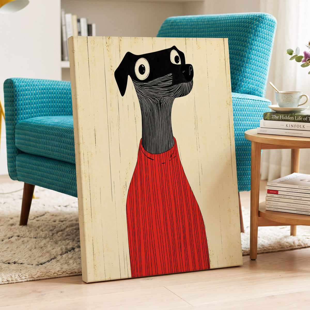 Red Jumper Hound, black, beige, red nature wall art on canvas displayed in a styled interior, gallery view 2