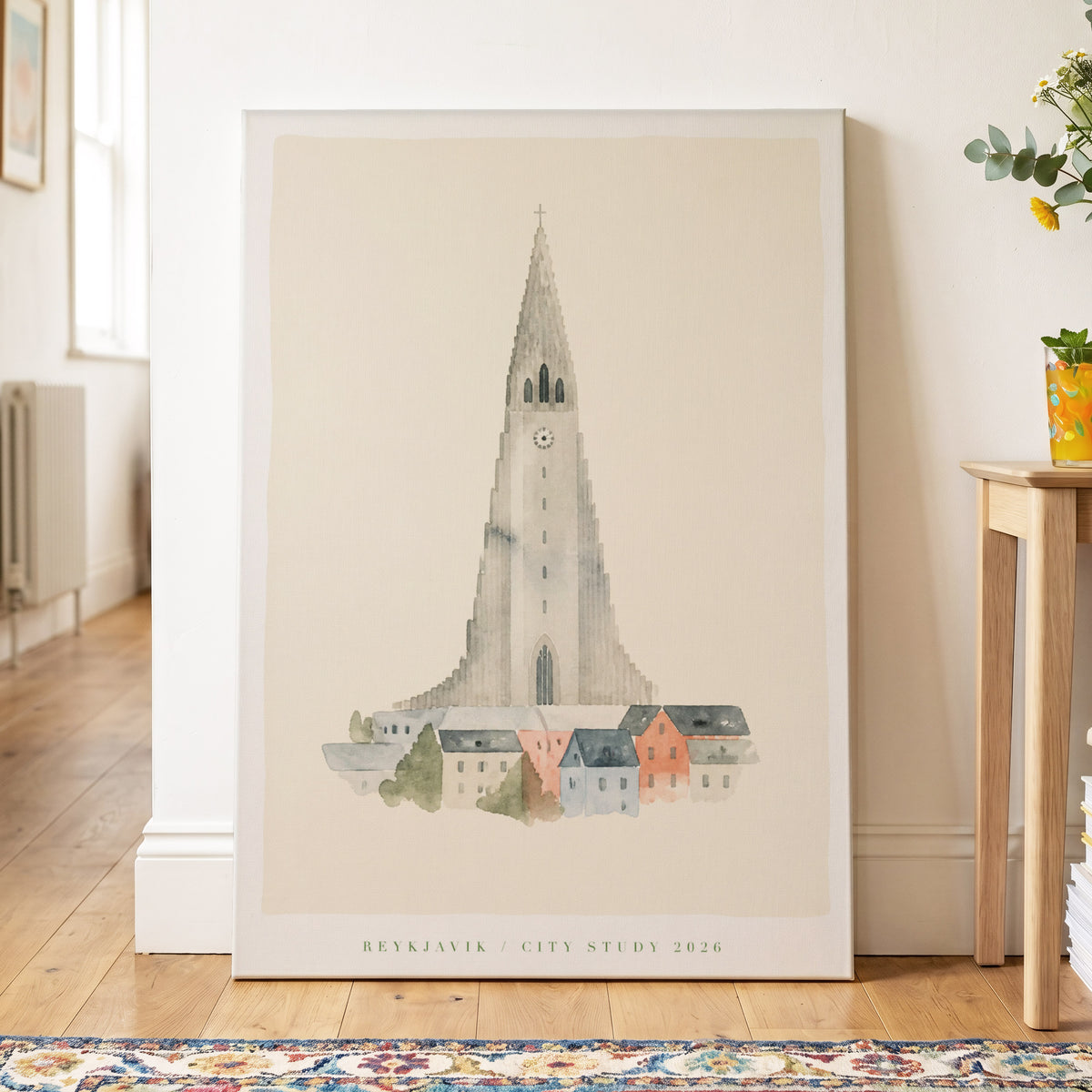 Reykjavik Spire Study, beige, gray, white minimalist wall art on canvas displayed in a styled interior, gallery view 2