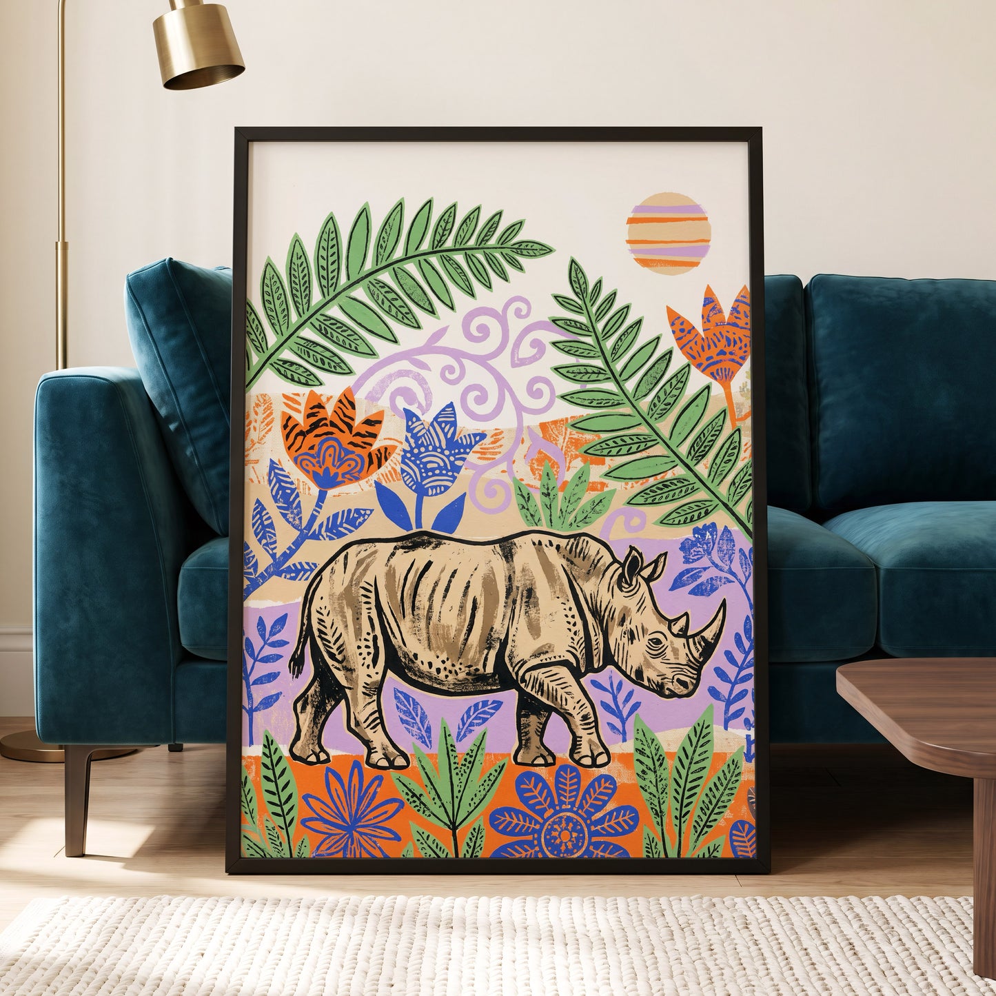Rhino in a Wild Garden, beige, green, purple nature wall art displayed in a styled interior, gallery view 9