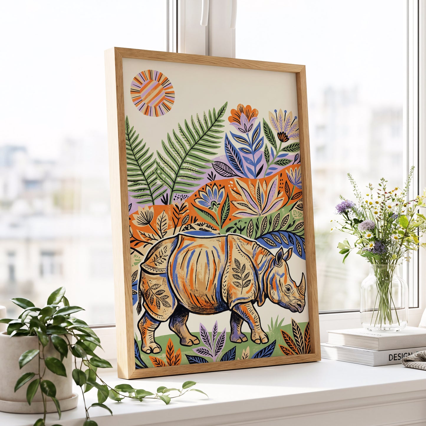 Rhino in Bloom, orange, green, beige nature wall art displayed in a styled interior, gallery view 9