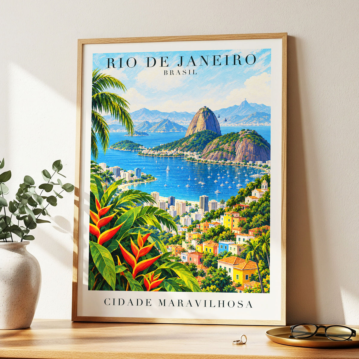 Rio in Full Colour, blue, green, beige nature wall art displayed in a styled interior, gallery view 9