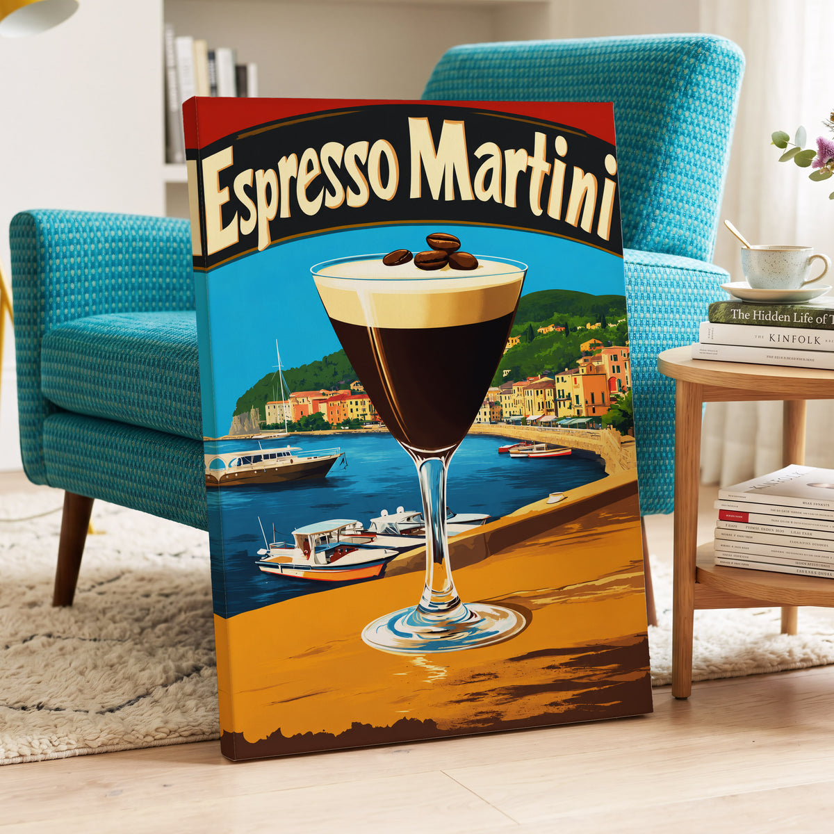 Riviera Espresso Martini, blue, orange, brown minimalist wall art on canvas displayed in a styled interior, gallery view 2