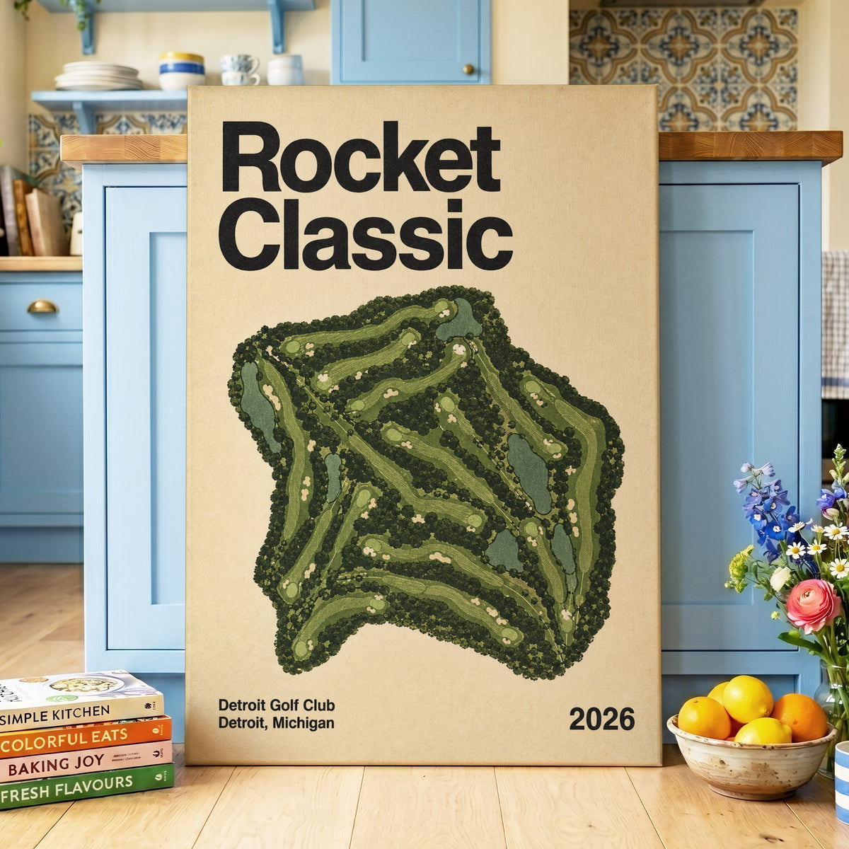 Rocket Classic Fairways, green, beige, black nature wall art on canvas displayed in a styled interior, gallery view 2