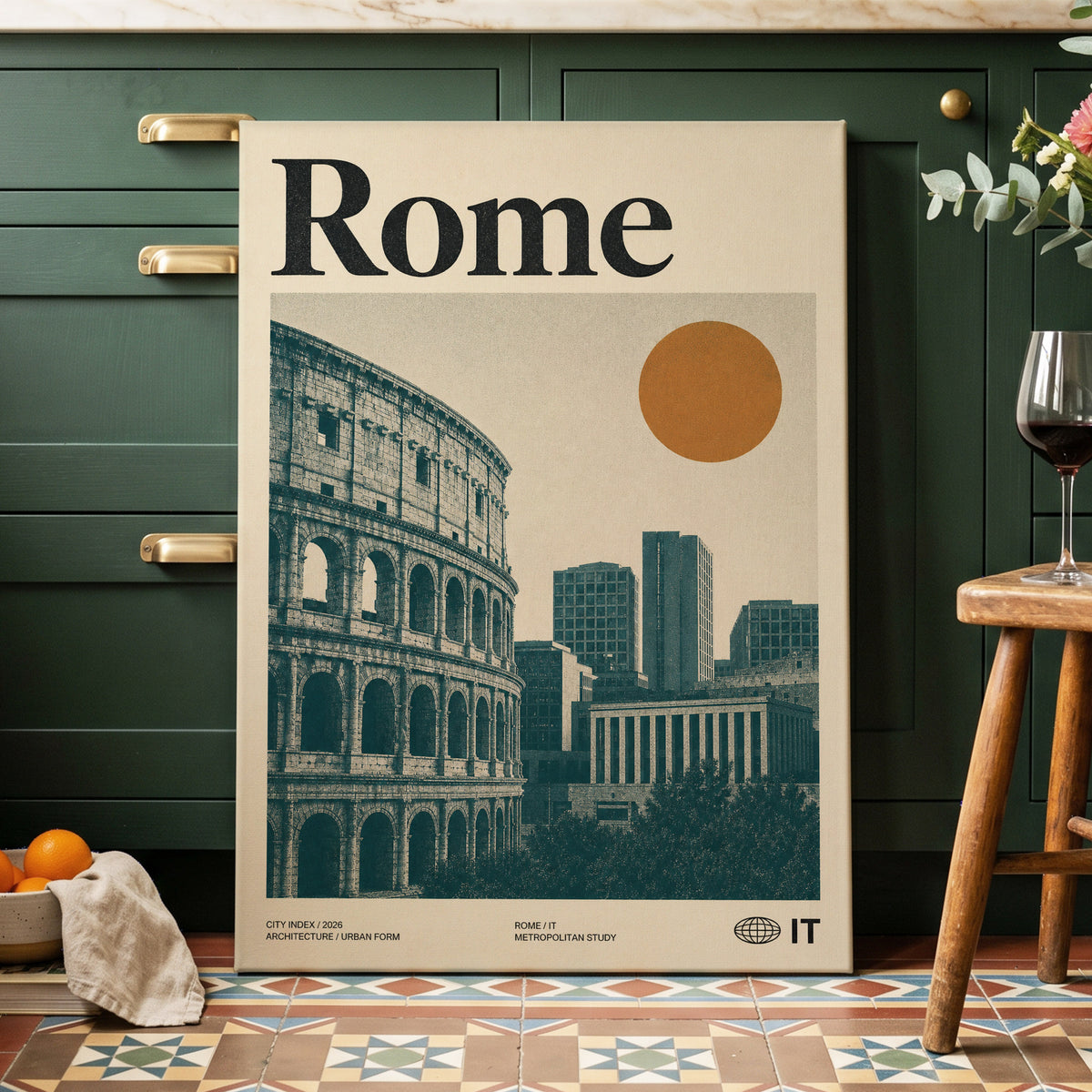 Rome, Then and Now, beige, green, orange minimalist wall art on canvas displayed in a styled interior, gallery view 2