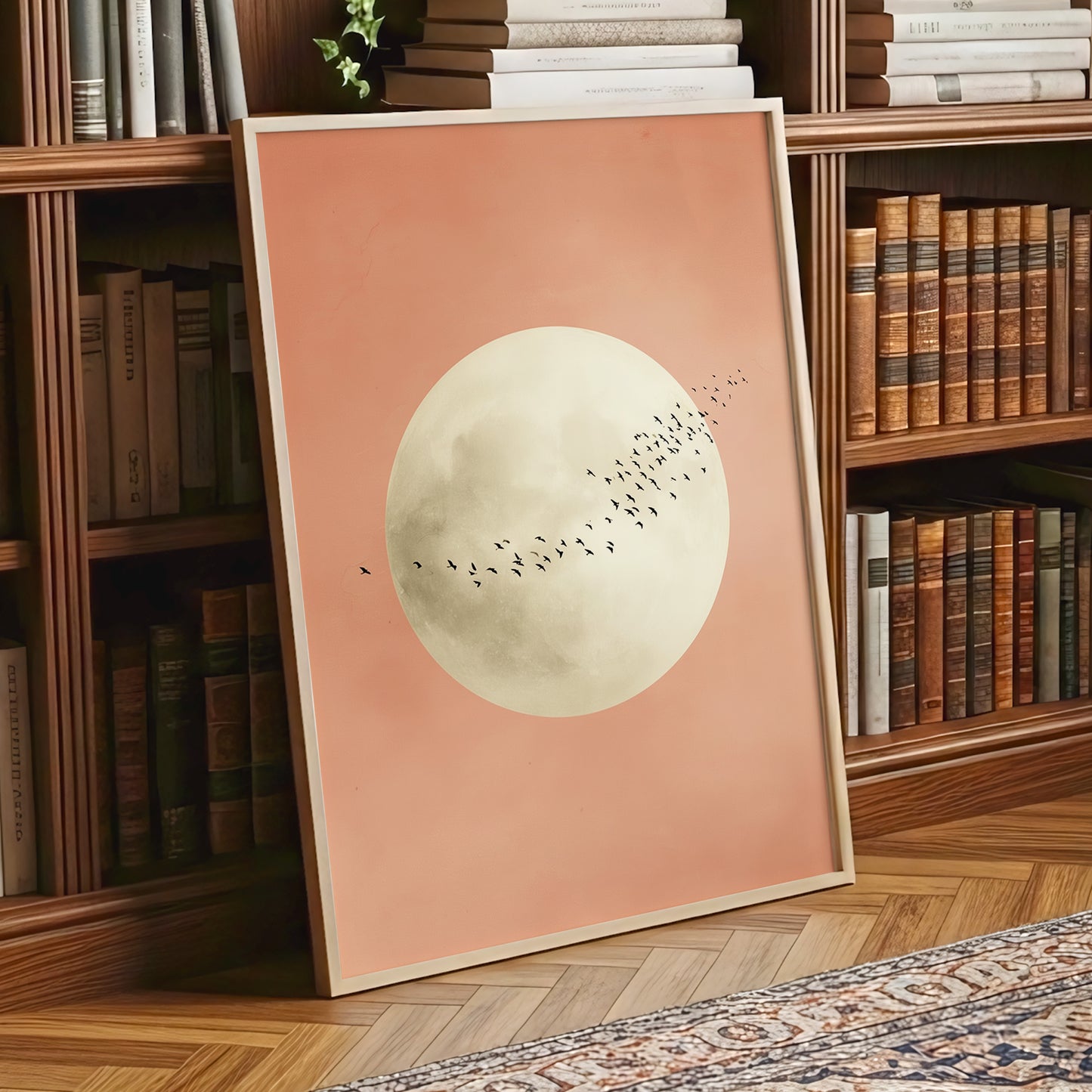 Rose Moon Migration, pink, white, black nature wall art displayed in a styled interior, gallery view 9
