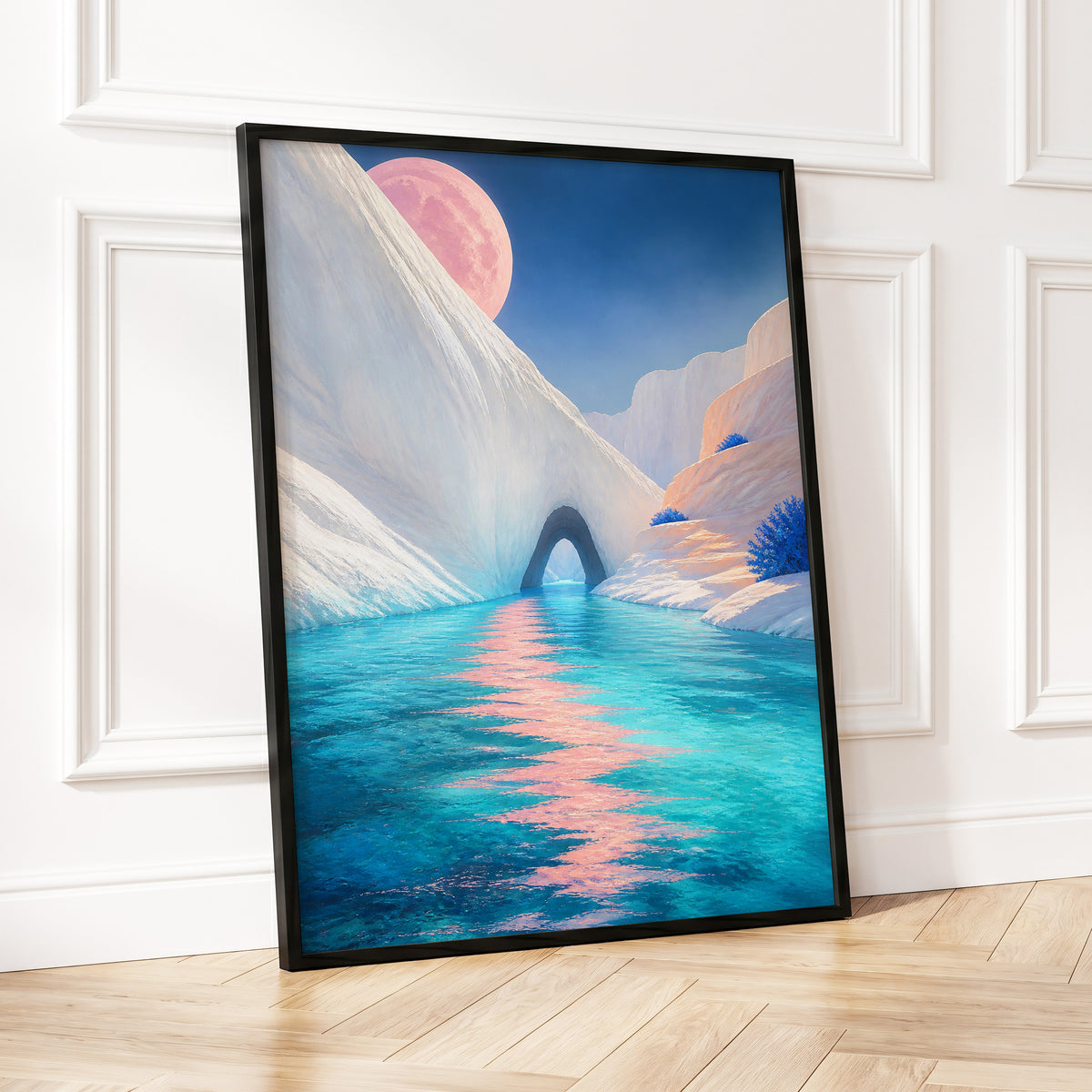 Rose Moon Passage, blue, pink, white nature wall art displayed in a styled interior, gallery view 9