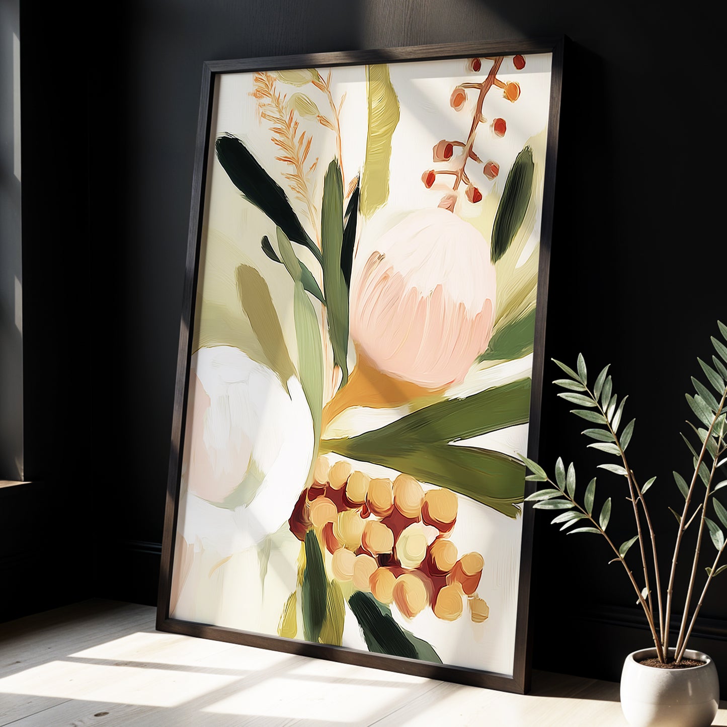 Roseate Botanical, pink, green, beige floral wall art displayed in a styled interior, gallery view 9