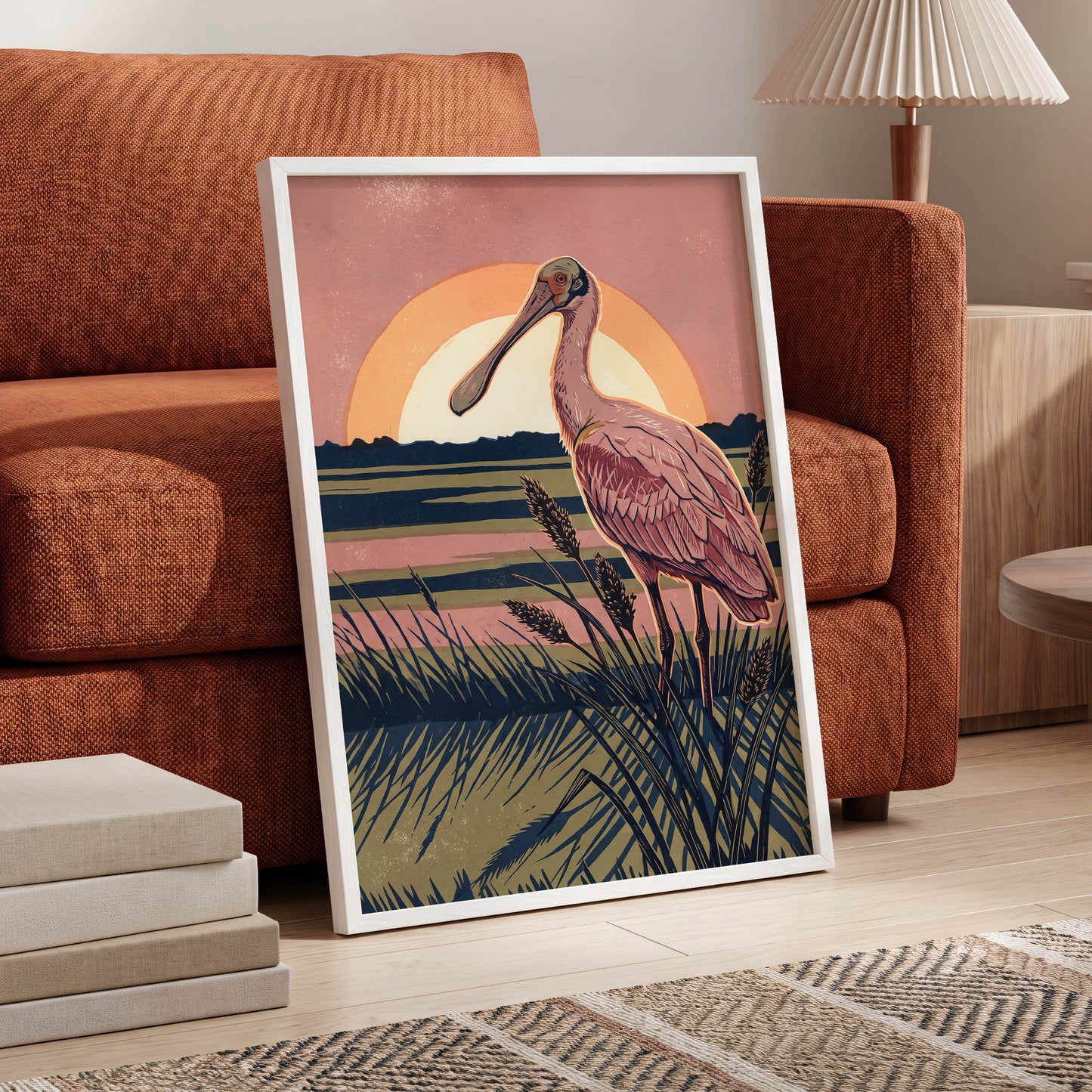 Roseate Marshlight, pink, blue, green nature wall art displayed in a styled interior, gallery view 9