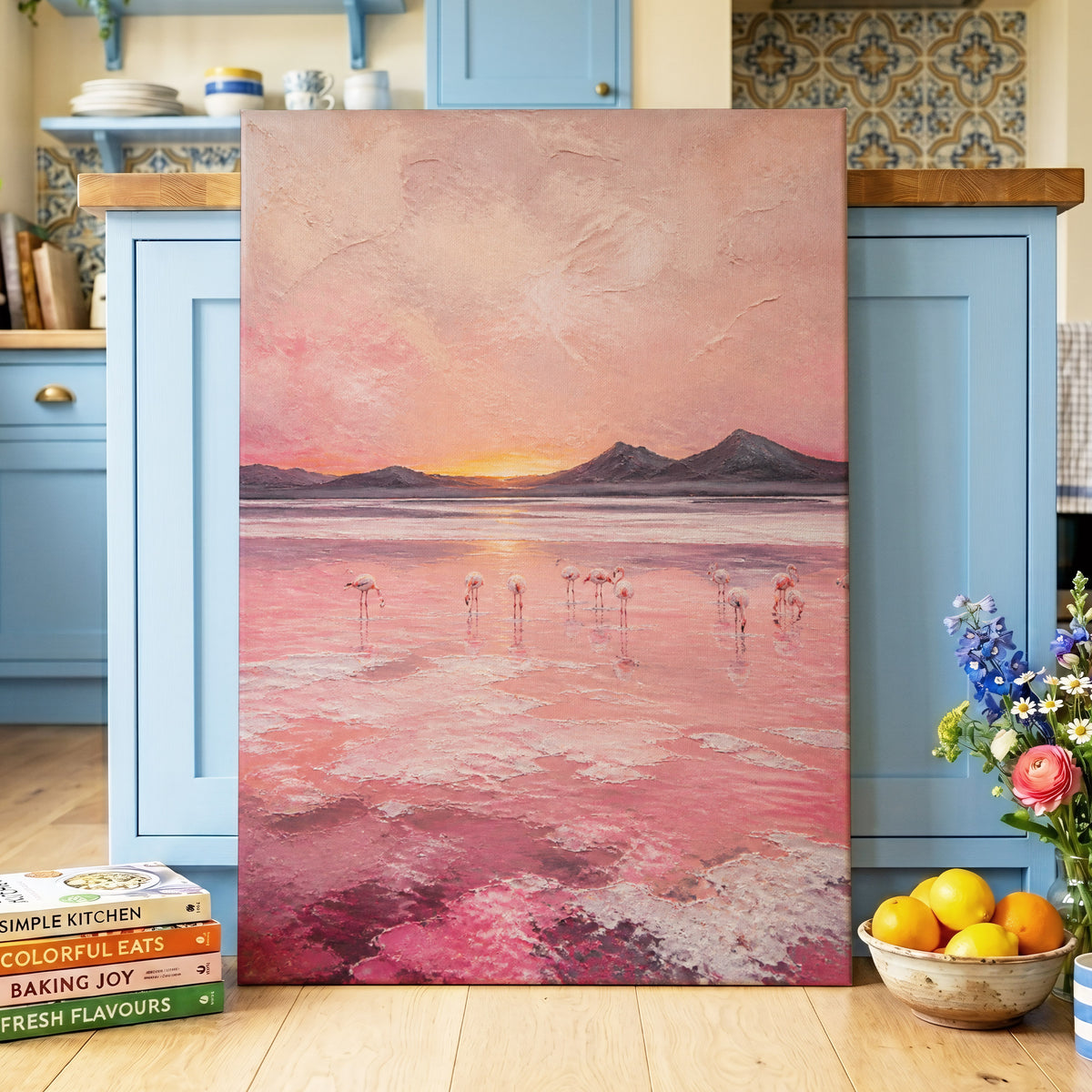 Rosewater Flamingos, pink, gray, orange nature wall art on canvas displayed in a styled interior, gallery view 2