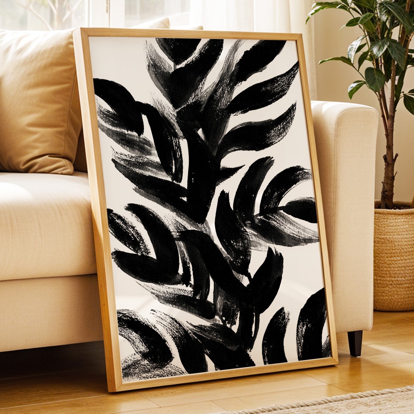 Sable Frond Chorus, black, white, gray nature wall art displayed in a styled interior, gallery view 9