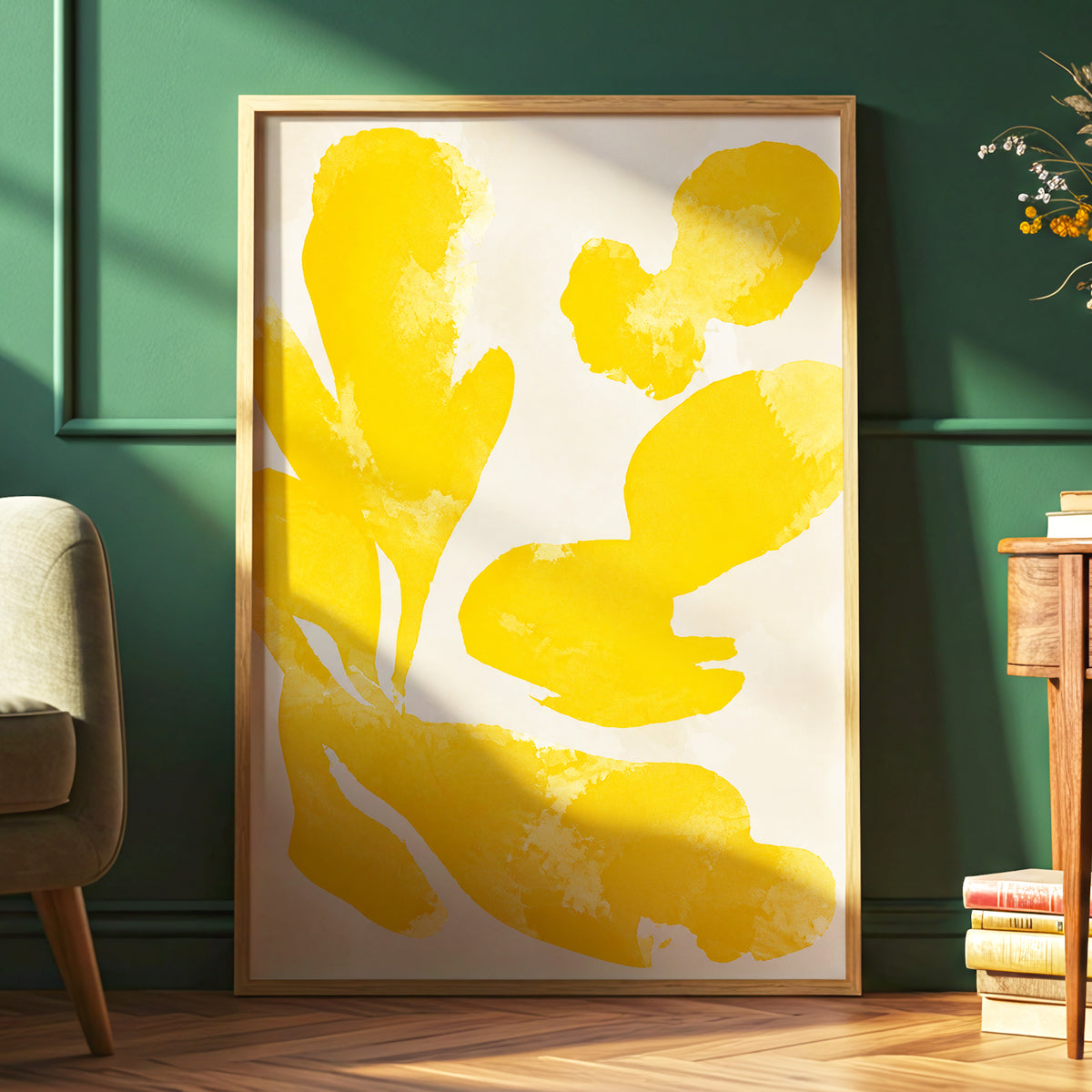 Saffron Drift, yellow, beige, white abstract wall art displayed in a styled interior, gallery view 9