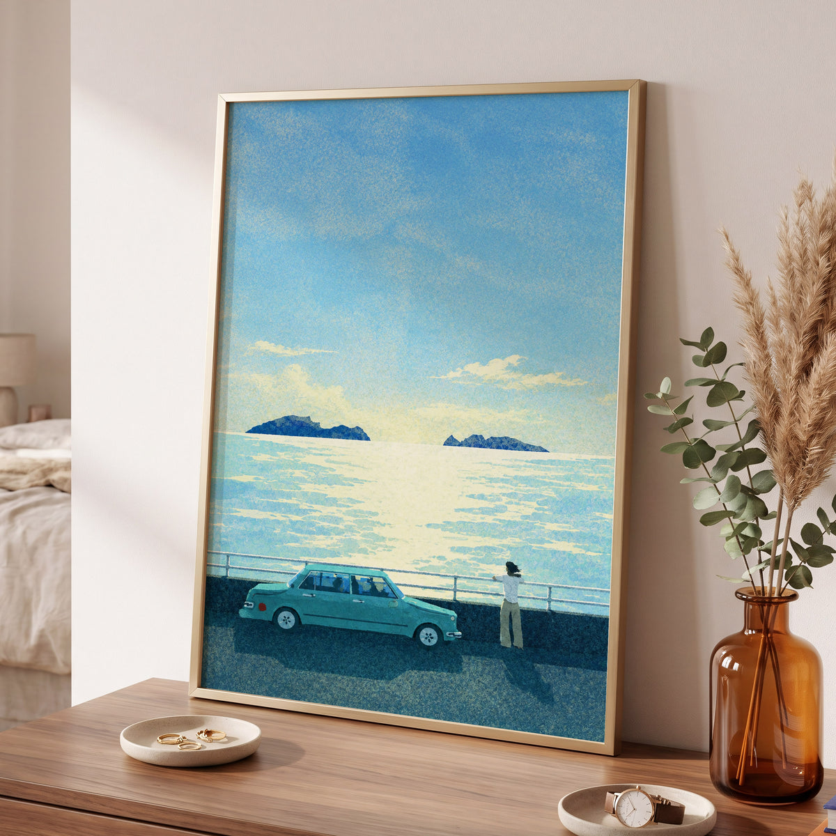 Saltwater Interlude, blue, green, yellow nature wall art displayed in a styled interior, gallery view 9