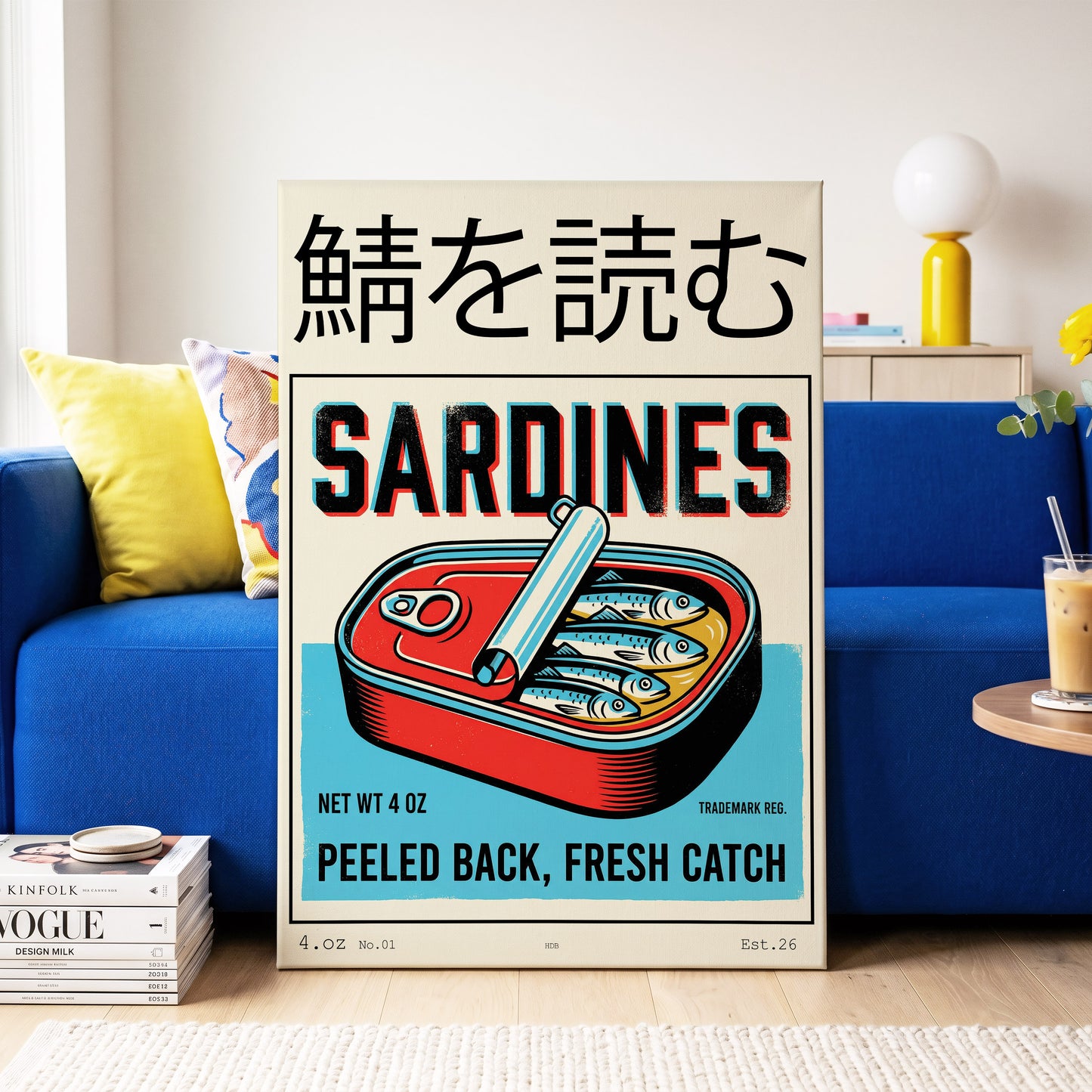 Sardine Tin Revival, black, beige, blue nature wall art on canvas displayed in a styled interior, gallery view 2