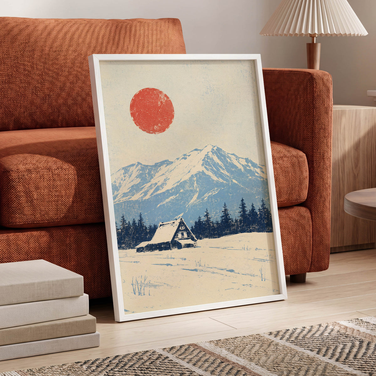 Scarlet Alpine Quiet, blue, beige, red nature wall art displayed in a styled interior, gallery view 9
