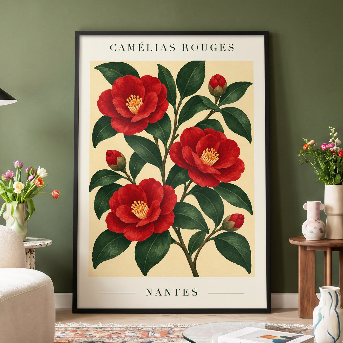 Scarlet Camellias, red, green, beige floral wall art displayed in a styled interior, gallery view 9