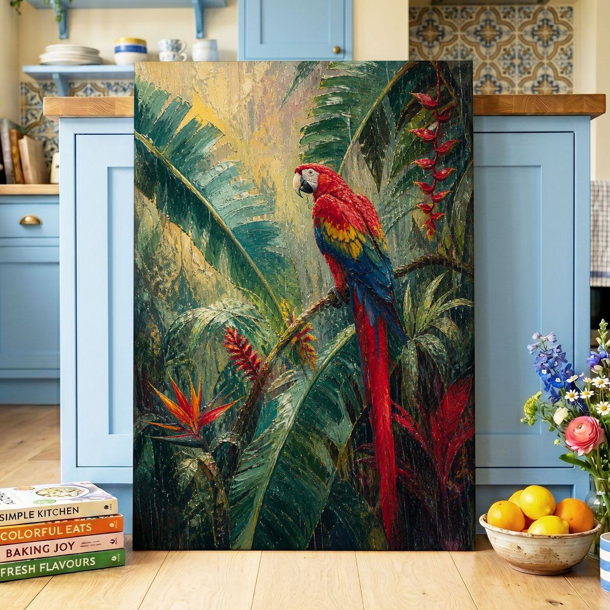 Scarlet Canopy, green, red, blue nature wall art on canvas displayed in a styled interior, gallery view 2