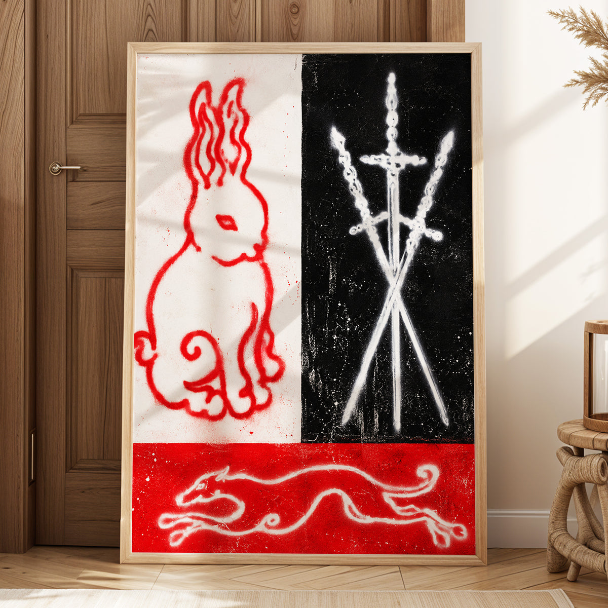 Scarlet Chase, red, black, white abstract wall art displayed in a styled interior, gallery view 9