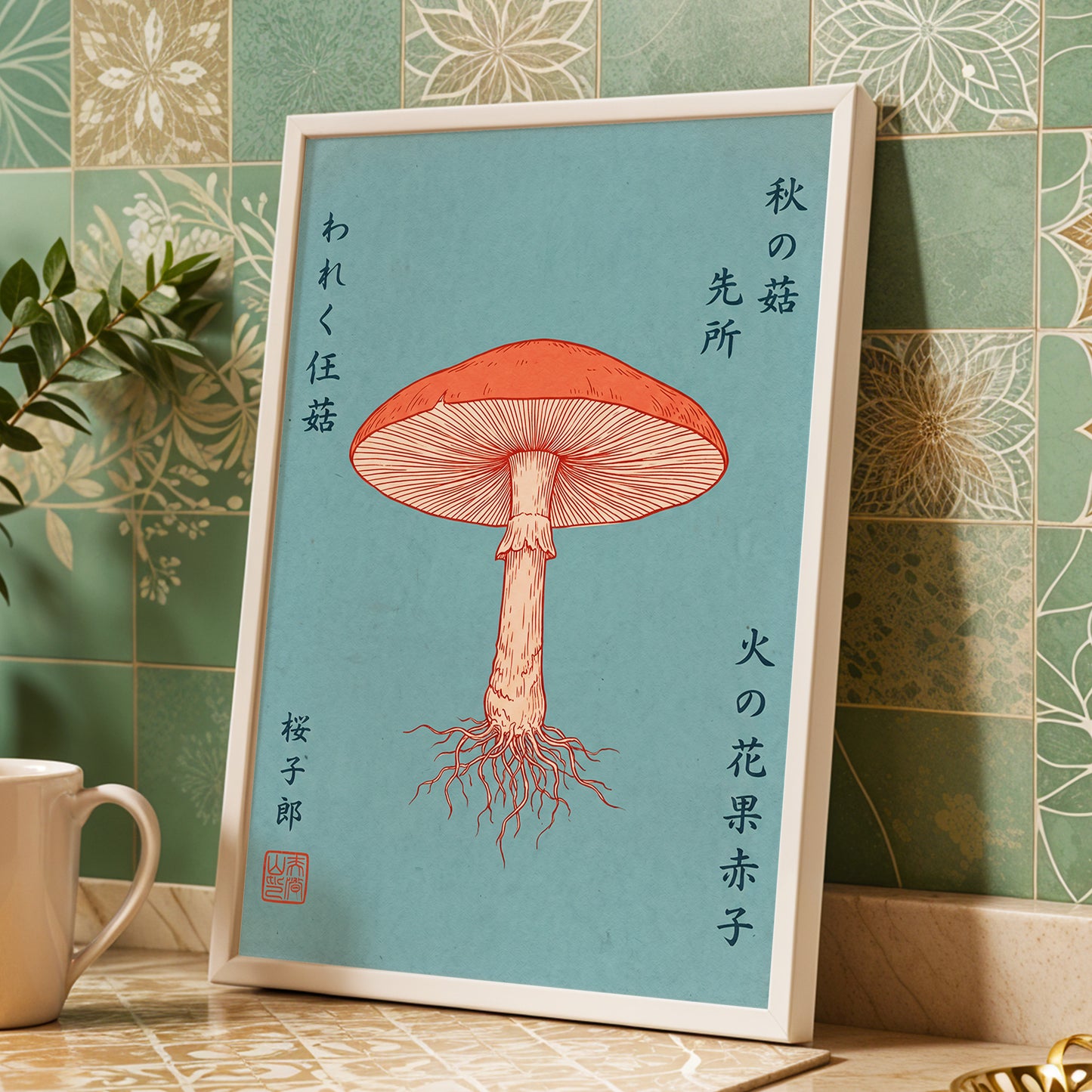 Scarlet Gills, blue, orange, beige nature wall art displayed in a styled interior, gallery view 9