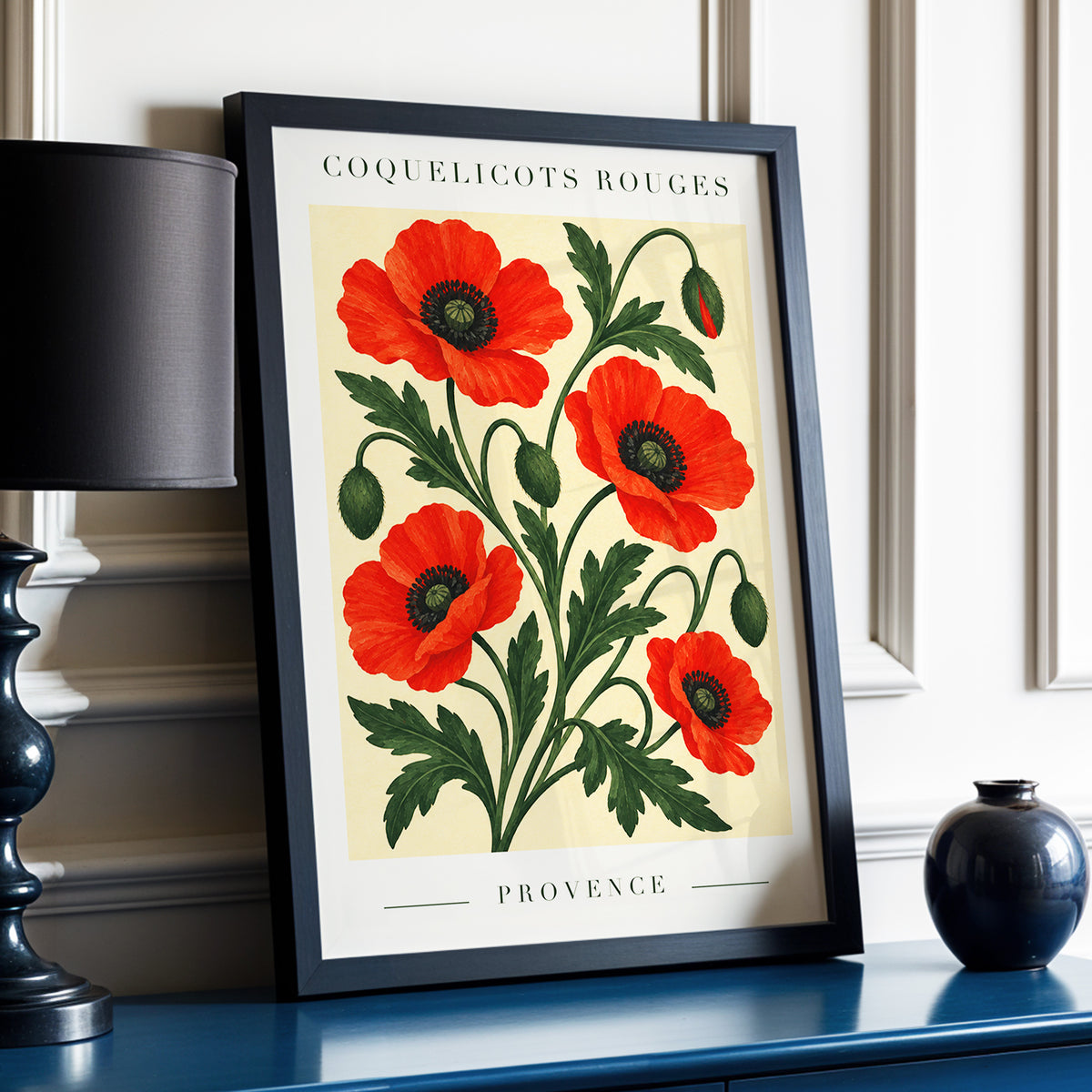 Scarlet Poppy Flourish, red, green, beige floral wall art displayed in a styled interior, gallery view 9