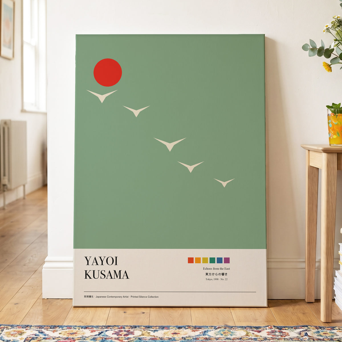 Scarlet Skyflight, green, beige, red nature wall art on canvas displayed in a styled interior, gallery view 2