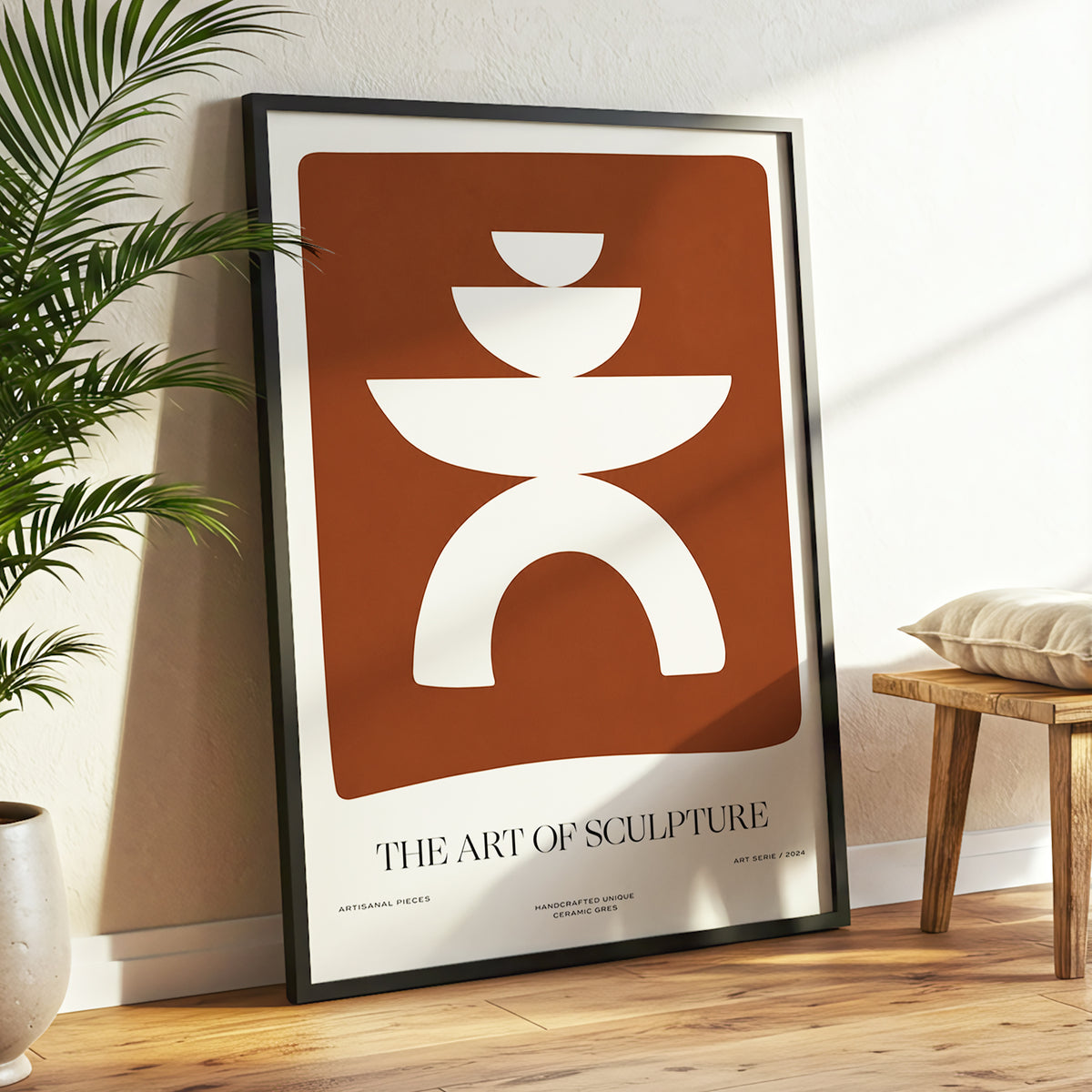 Sculptural Balance, brown, beige, white minimalist wall art displayed in a styled interior, gallery view 9