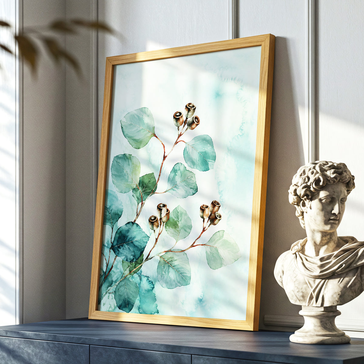 Seafoam Branches, green, blue, brown nature wall art displayed in a styled interior, gallery view 9