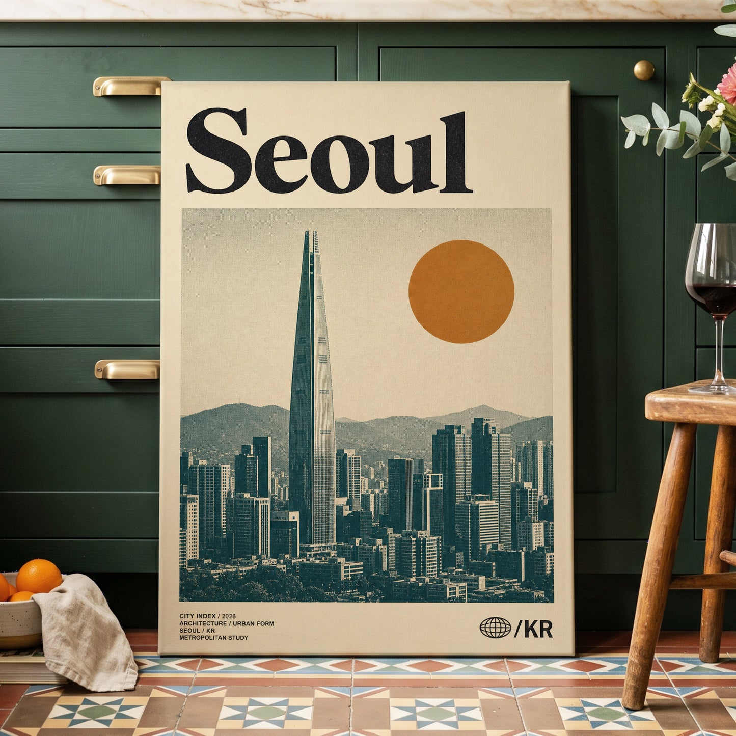 Seoul City Index, beige, black, green minimalist wall art on canvas displayed in a styled interior, gallery view 2