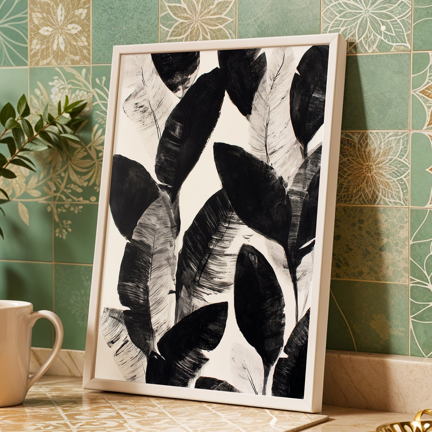 Shadowleaf Assembly, black, gray, white nature wall art displayed in a styled interior, gallery view 9
