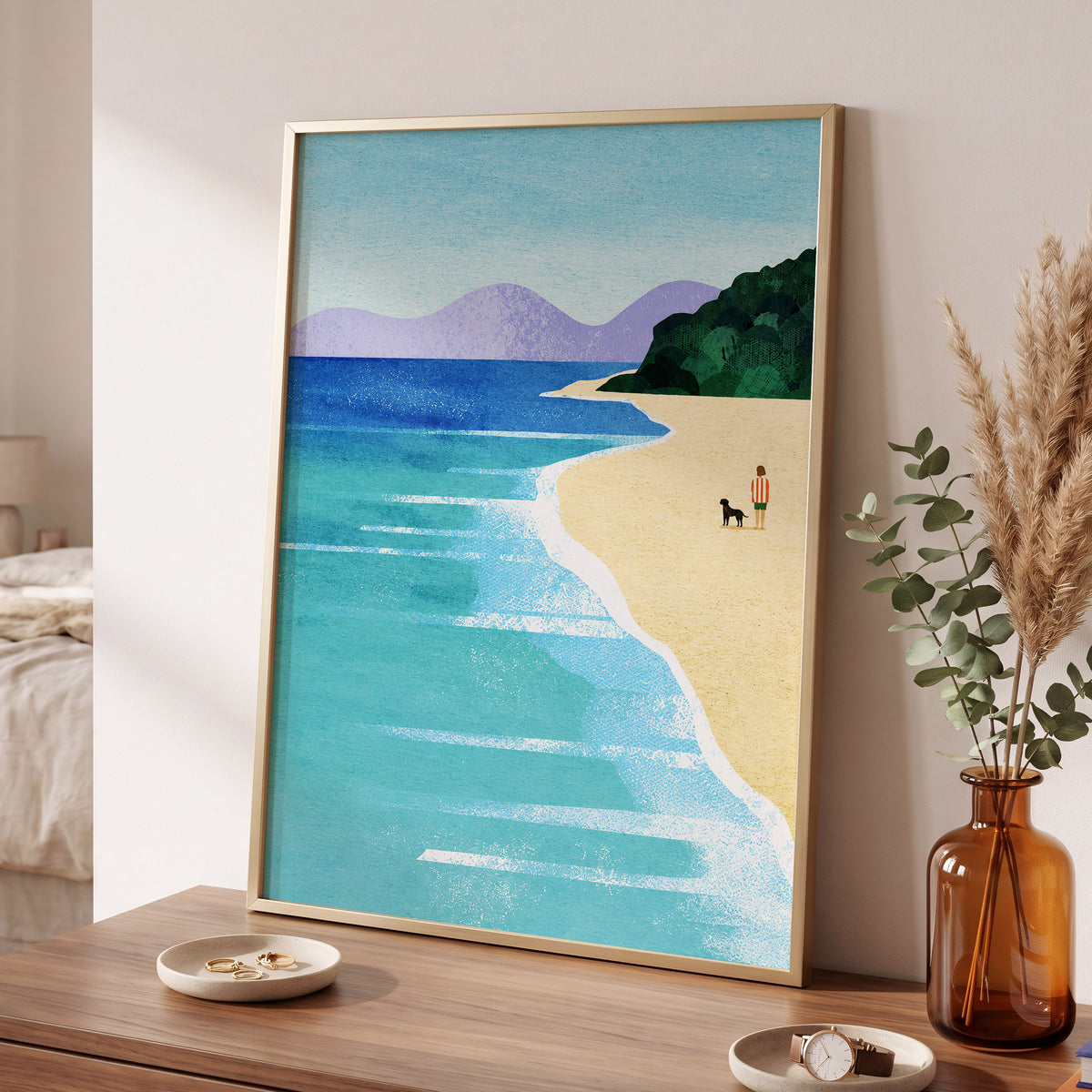 Shoreline Companions, blue, beige, green nature wall art displayed in a styled interior, gallery view 9