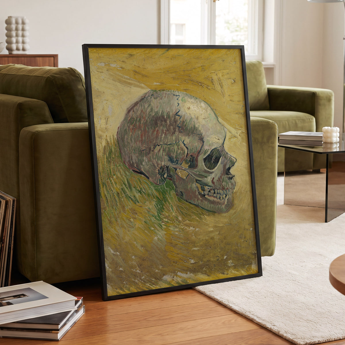 Skull in Saffron, yellow, green, beige abstract wall art displayed in a styled interior, gallery view 9