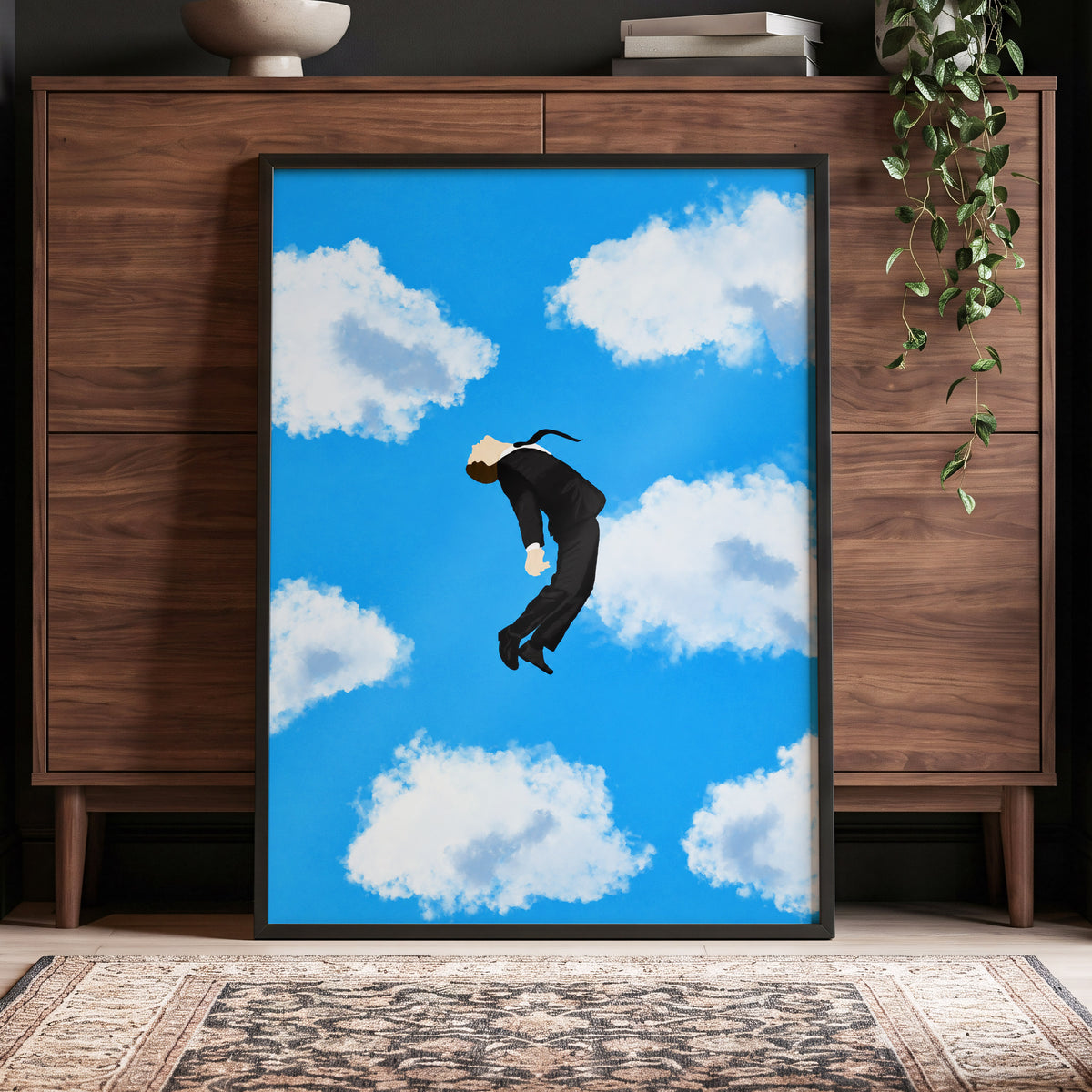 Skyward Drift, blue, white, black minimalist wall art displayed in a styled interior, gallery view 9
